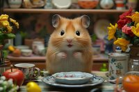 Curious hamster sitting at decorated dining table with vintage dishes, fresh fruits, and colorful flower arrangements creating cozy home atmosphere.