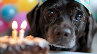 Adorable senior chocolate Labrador dog wearing party hat looking at birthday cake with lit candles against colorful balloon background.
