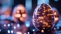 Glowing egg-shaped object with circuit pattern illuminated against dark background with bokeh lights, representing artificial intelligence and future technology.