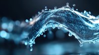 Glowing blue digital wave with water droplets and particles flowing in dark space, abstract technology visualization for modern backgrounds.