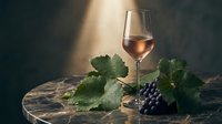 Elegant wine glass filled with rosé wine surrounded by fresh grape clusters and vine leaves on rustic wooden table with dramatic lighting for luxury dining.