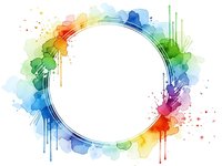 Vibrant watercolor rainbow circle frame with paint splatters and drips on white background for creative design projects and artistic presentations.