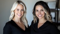 Two smiling young Caucasian women with blonde highlighted hair wearing black v-neck tops pose together in professional studio setting with soft natural lighting.