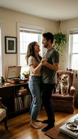 Young couple dancing together in cozy living room with small dog watching from leather chair. Romantic home lifestyle moment with vintage decor and plants.