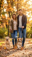 Happy young Caucasian couple walking two golden retriever dogs on autumn path with warm sunlight and colorful fall foliage creating romantic outdoor lifestyle moment.