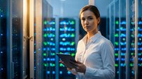 Female IT professional with brown hair and light complexion wearing white shirt holding tablet in data center server room with illuminated green and blue lights, suitable for technology, cybersecurity, and business computing concepts.