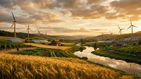 Scenic rural landscape with wind turbines, golden wheat field, winding river, and farmhouses at sunset, representing renewable energy and sustainable agriculture.