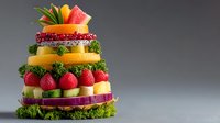 Fresh fruit cake tower with colorful layers of tropical fruits, berries and vegetables arranged in tiered display for healthy celebration dessert alternative.