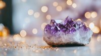 Raw amethyst crystal cluster on blurred golden bokeh background showcases natural purple quartz formation with healing energy properties for spiritual wellness and meditation.
