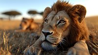 Majestic male lion with golden mane in warm sunset light on African savanna, close-up portrait showing intense eyes and noble profile against blurred natural background.