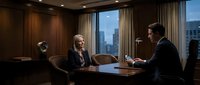 Mature woman in business attire meets with male executive in modern high-rise office with city skyline view, suitable for corporate, leadership, and professional meeting concepts.