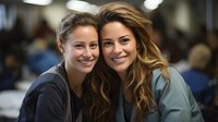 Two young women with bright genuine smiles embrace while looking at camera. Casual setting shows authentic friendship and joy. Natural lighting enhances warm atmosphere.
