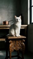 White cat sitting on ornate wooden stool in industrial loft interior with copper kettle, natural light from window, domestic pet portrait for home decor and lifestyle design.