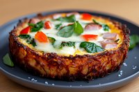 Crispy hash brown crust filled with melted mozzarella, fresh basil leaves, and cherry tomatoes creates savory breakfast pizza on dark plate with wooden background.