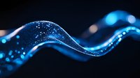Glowing blue wave of particles flowing in dark space creating dynamic motion effect with bokeh lights and sparkles for technology backgrounds.
