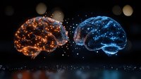 Glowing orange and blue brain shapes with network connections on black background illustrate artificial intelligence and neural network concept.