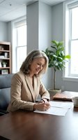 Professional mature businesswoman signing documents at office desk in modern workplace with natural lighting for corporate and business concepts.