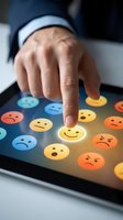 Male hand selecting happy yellow smiley face emoji on digital tablet screen among sad and angry expressions, representing customer satisfaction, feedback rating, and user experience evaluation.