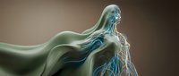 Young woman with flowing hair and translucent skin showing blue circulatory system and nervous system networks, rendered in ethereal style for medical education and healthcare design.