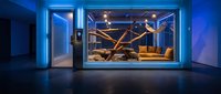 Modern luxury bedroom with glass walls and blue ambient lighting creating futuristic interior design atmosphere for contemporary home decor concepts.