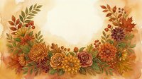 Watercolor autumn floral wreath with roses, chrysanthemums, and berries in warm orange, red, and gold tones on a beige background.