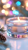 Glowing tea light candle with festive bokeh lights and pine cone decoration creates magical holiday atmosphere in soft blue and golden tones.