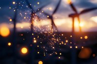Magical sparkler emitting golden light particles against blurred sunset sky with bokeh lights, creating dreamy atmospheric mood for celebration backgrounds.