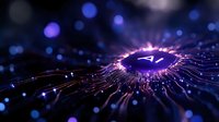 Futuristic digital eye with glowing purple iris surrounded by circuit patterns and light rays on dark background with bokeh effects for tech designs.