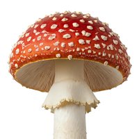 Fly agaric mushroom with bright red cap dotted with white spots and cream-colored stem, isolated on white background for design, educational, and botanical illustration use.