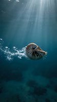 Nautilus shell floating in deep blue ocean water with sunlight rays streaming down through marine environment for underwater photography concepts.