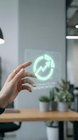 Hand holding transparent holographic display showing upward trending arrow with real-time analytics and metrics for business growth monitoring and data visualization in modern office.