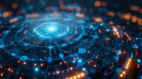 Futuristic digital technology concept with glowing blue circular interface and orange light points on dark background. Represents data processing and connectivity.