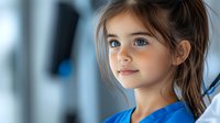 Young girl with brown hair and bright eyes wearing blue shirt looking upward with gentle smile, natural lighting creates soft portrait atmosphere in modern interior setting.
