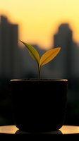 Young plant seedling growing in black pot against urban sunset skyline, symbolizing growth, hope and urban sustainability in business and environment.