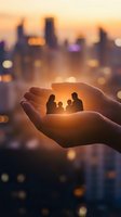 Protective hands holding family silhouettes with warm glow against blurred city skyline at sunset representing care, security and love.