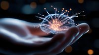 Glowing digital brain floating above open palm with neural connections and light particles, representing artificial intelligence and cognitive technology.