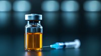Medical vial with amber liquid and syringe on dark blue background with bokeh effect, healthcare and vaccination concept for pharmaceutical industry.