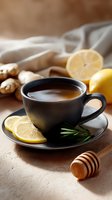 Hot tea with lemon slices, ginger root, honey dipper and rosemary sprig in black ceramic cup on textured background. Steam rising creates cozy atmosphere.