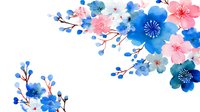 Watercolor floral composition with blue and pink blossoms on white background, corner arrangement for wedding invitations and greeting cards.