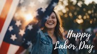 Young Hispanic woman celebrating Labor Day with American flag and confetti in patriotic outdoor setting with warm sunlight and festive atmosphere.