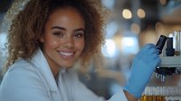 Young African American female scientist in lab coat and gloves smiling while working with microscope in research laboratory, bokeh background lighting creates professional atmosphere.