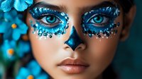 Young woman with elaborate blue butterfly face paint featuring rhinestones and glitter around eyes for carnival costume makeup and fantasy transformation.