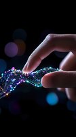 Fingers touching glowing digital wave with sparkling particles in purple and blue colors against dark background, creating magical technology visualization effect.