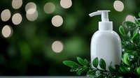 White cosmetic pump bottle with green leaves on blurred bokeh background for natural skincare and beauty product packaging design.