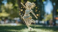 Glowing magical silhouette of dancing young woman with flowing hair surrounded by sparkling hearts and stars against blurred natural park background.