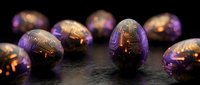 Futuristic purple and gold eggs with circuit board patterns scattered on dark surface for technology and innovation concepts.