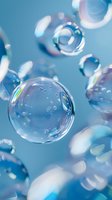 Transparent soap bubbles floating against blue background with rainbow reflections and light bokeh effects, ideal for cleanliness concepts.