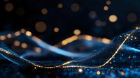 Glowing blue and gold waves with sparkling particles flow against dark background creating magical abstract light effect for luxury designs.
