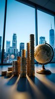 Stacked coins and vintage globe on office desk with city skyline view representing global finance, international investment and economic growth opportunities.