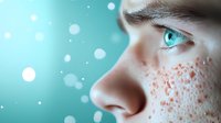 Close up profile view of bright turquoise eye and freckled skin against aqua background with glowing bokeh lights creating magical atmospheric effect.